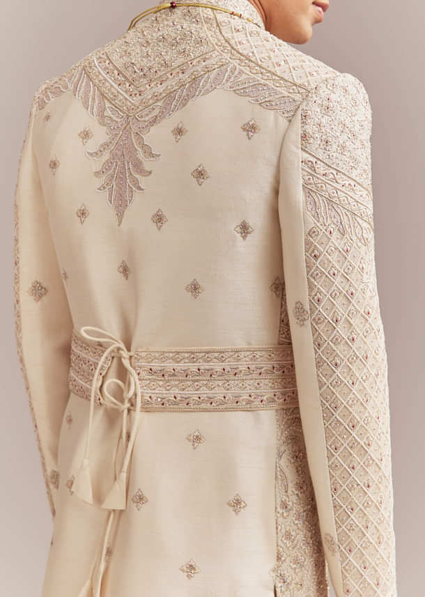 Gold Silk Sherwani For Groom With Intricate Hand Work