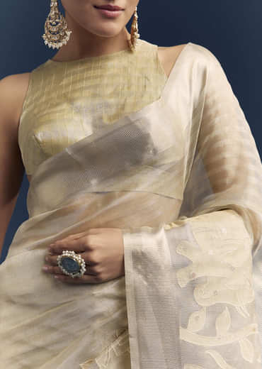 Gold Tissue Organza Saree With Zari And Resham Embroidery