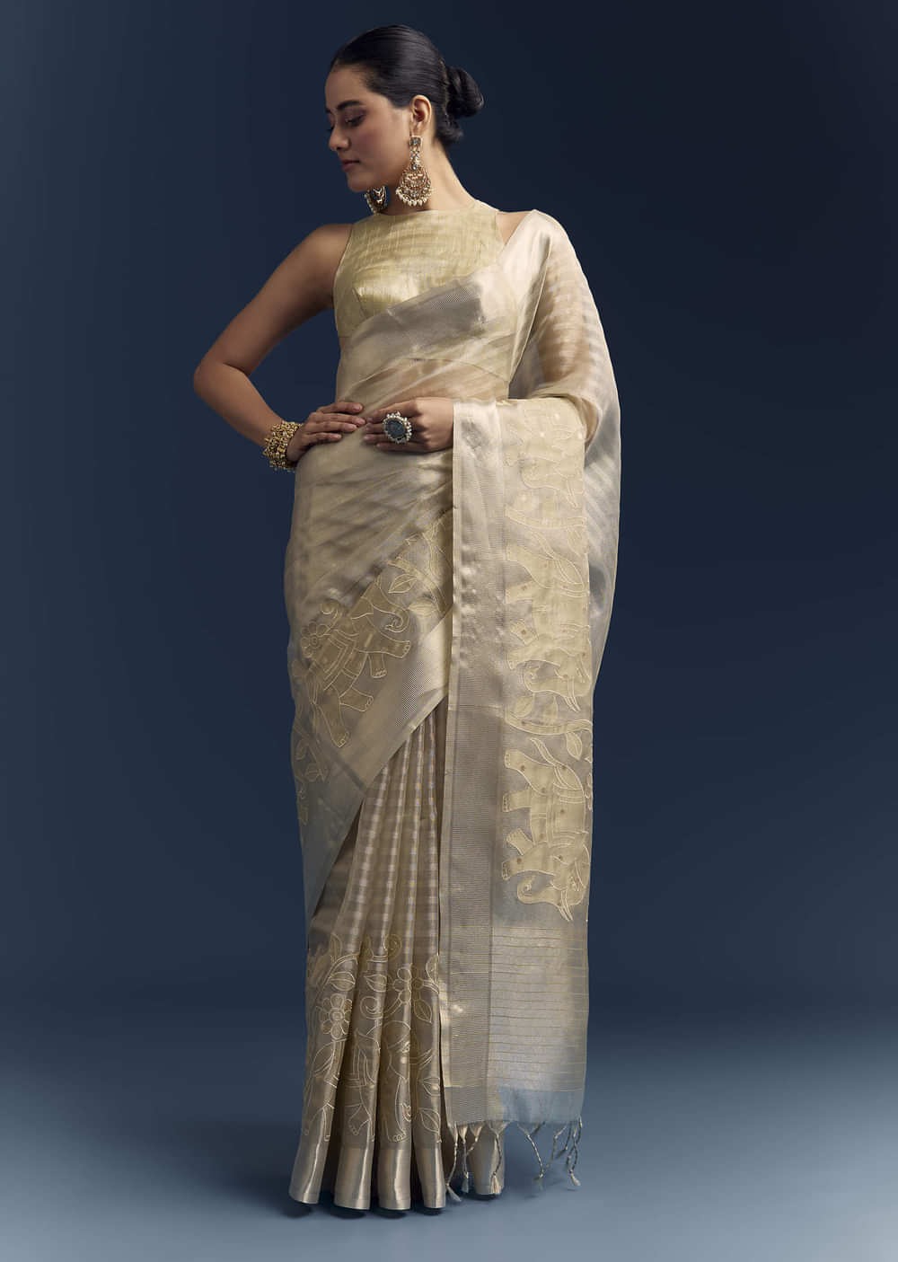 Gold Tissue Organza Saree With Zari And Resham Embroidery