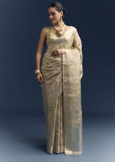 Gold Tissue Organza Saree With Zari And Resham Work Gold Tissue Organza Saree With Zari And Resham Work