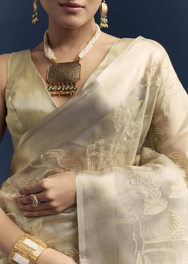 Gold Tissue Organza Saree With Zari And Resham Work Gold Tissue Organza Saree With Zari And Resham Work