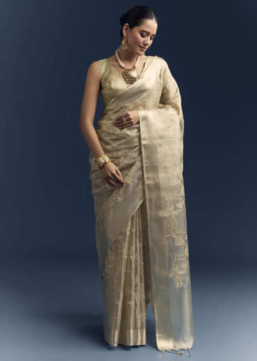 Gold Tissue Organza Saree With Zari And Resham Work Gold Tissue Organza Saree With Zari And Resham Work