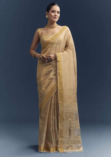 Gold Tissue Organza Woven Saree With Golden Zari Work Gold Tissue Organza Woven Saree With Golden Zari Work