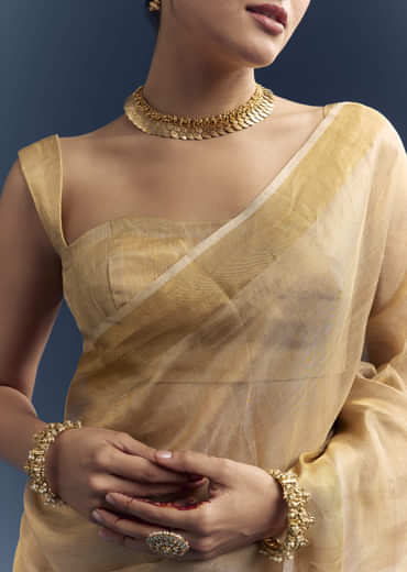 Gold Tissue Organza Woven Saree With Golden Zari Work Gold Tissue Organza Woven Saree With Golden Zari Work