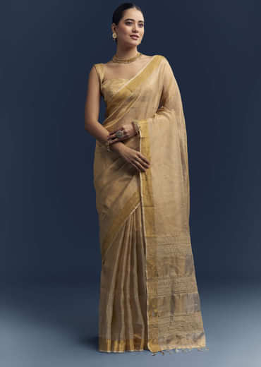 Gold Tissue Organza Woven Saree With Golden Zari Work Gold Tissue Organza Woven Saree With Golden Zari Work