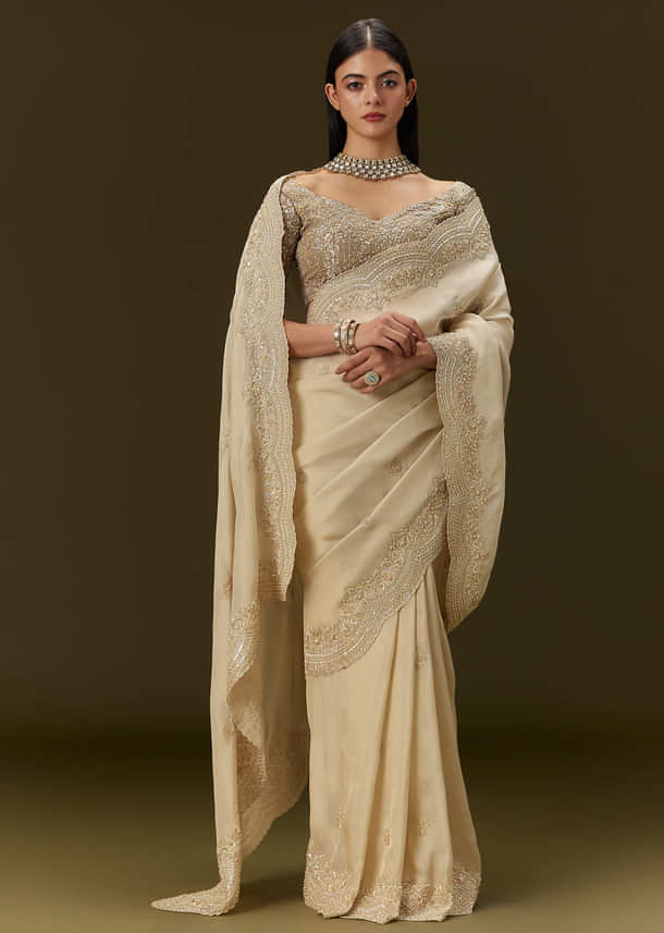 Gold Tissue Saree With Embroidered Brocade Blouse