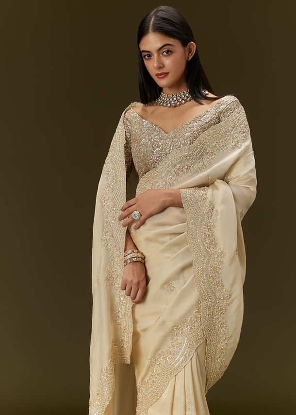 Gold Tissue Saree With Embroidered Brocade Blouse