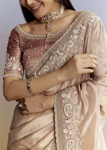 Gold Tissue Saree With Heavy Embroidered Border And Blouse