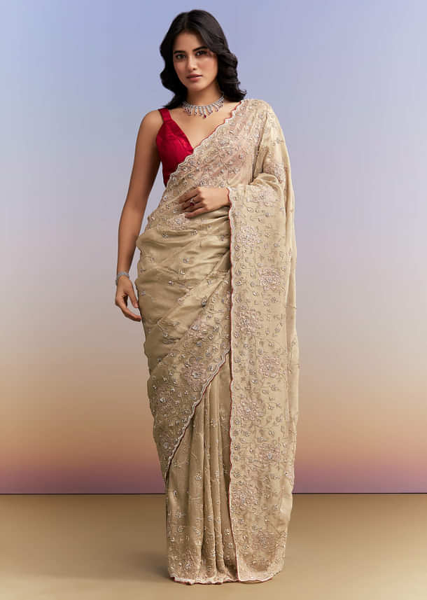 Gold Tissue Saree With Heavy Hand Embroidery Gold Tissue Saree With Heavy Hand Embroidery