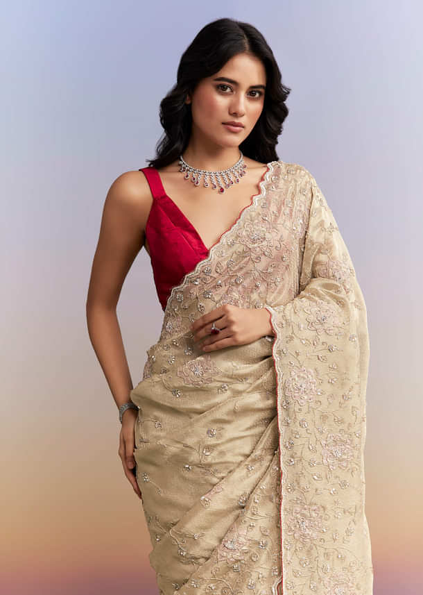Gold Tissue Saree With Heavy Hand Embroidery Gold Tissue Saree With Heavy Hand Embroidery