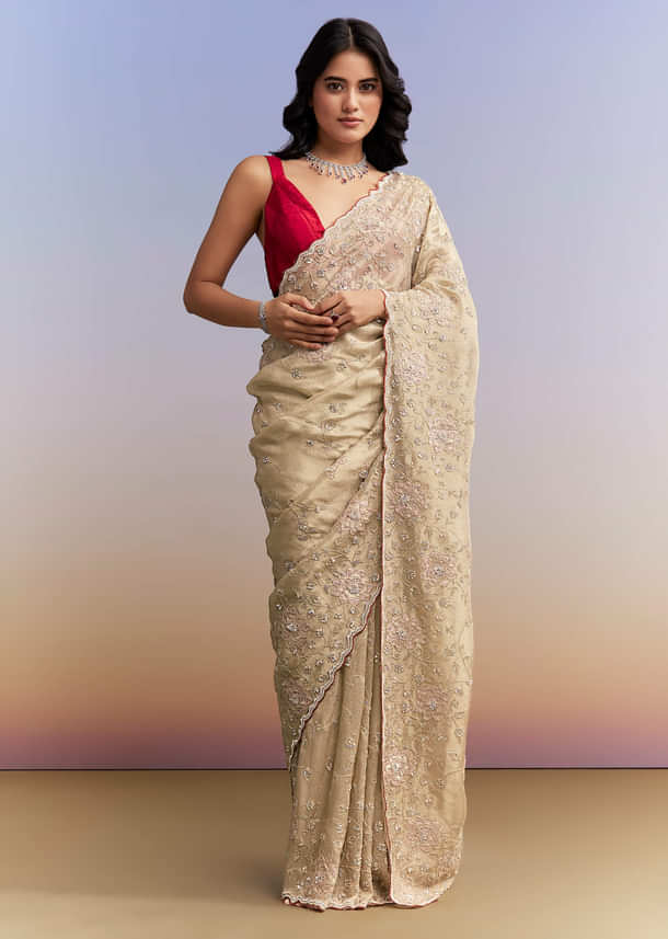 Gold Tissue Saree With Heavy Hand Embroidery Gold Tissue Saree With Heavy Hand Embroidery