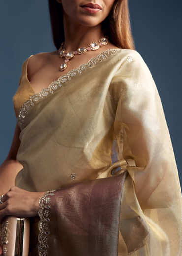 Gold Tissue Saree With Mirror Embroidery