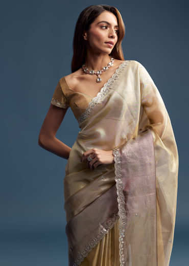 Gold Tissue Saree With Mirror Embroidery