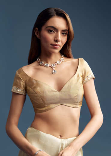 Gold Tissue Saree With Mirror Embroidery
