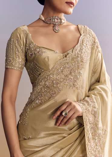 Gold Tissue Silk Saree With Scallop Border And Rich Embroidered Unstitched Blouse