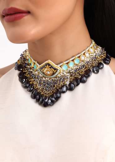 Gold And Black Kundan Necklace Earrings Set
