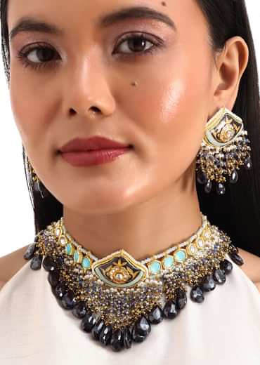 Gold And Black Kundan Necklace Earrings Set
