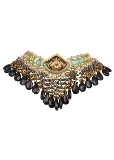 Gold And Black Kundan Necklace Earrings Set