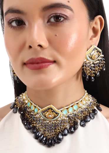 Gold And Black Kundan Necklace Earrings Set