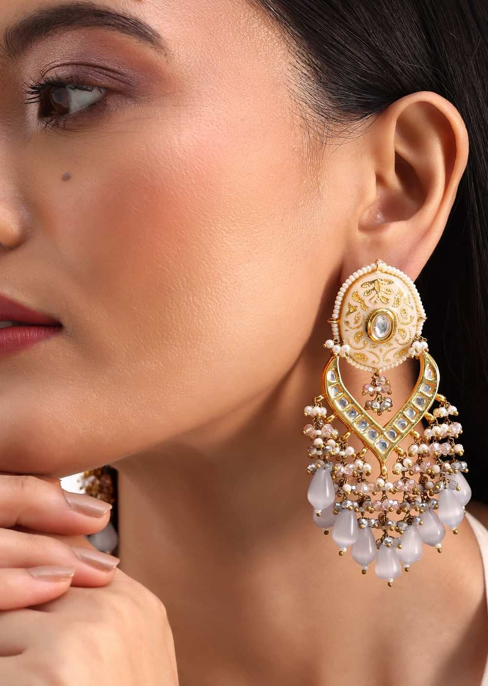 Gold And Blue Kundan Dangler Earrings In Mix Metal