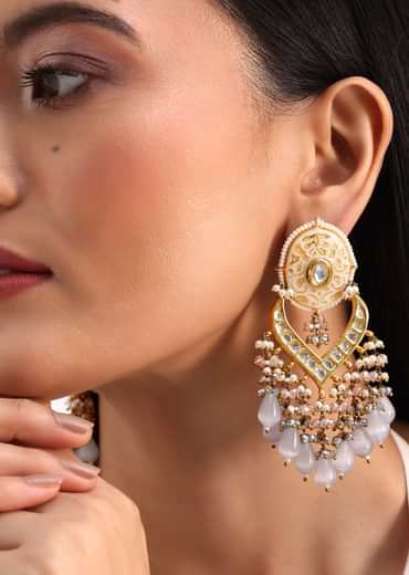 Gold And Blue Kundan Dangler Earrings In Mix Metal