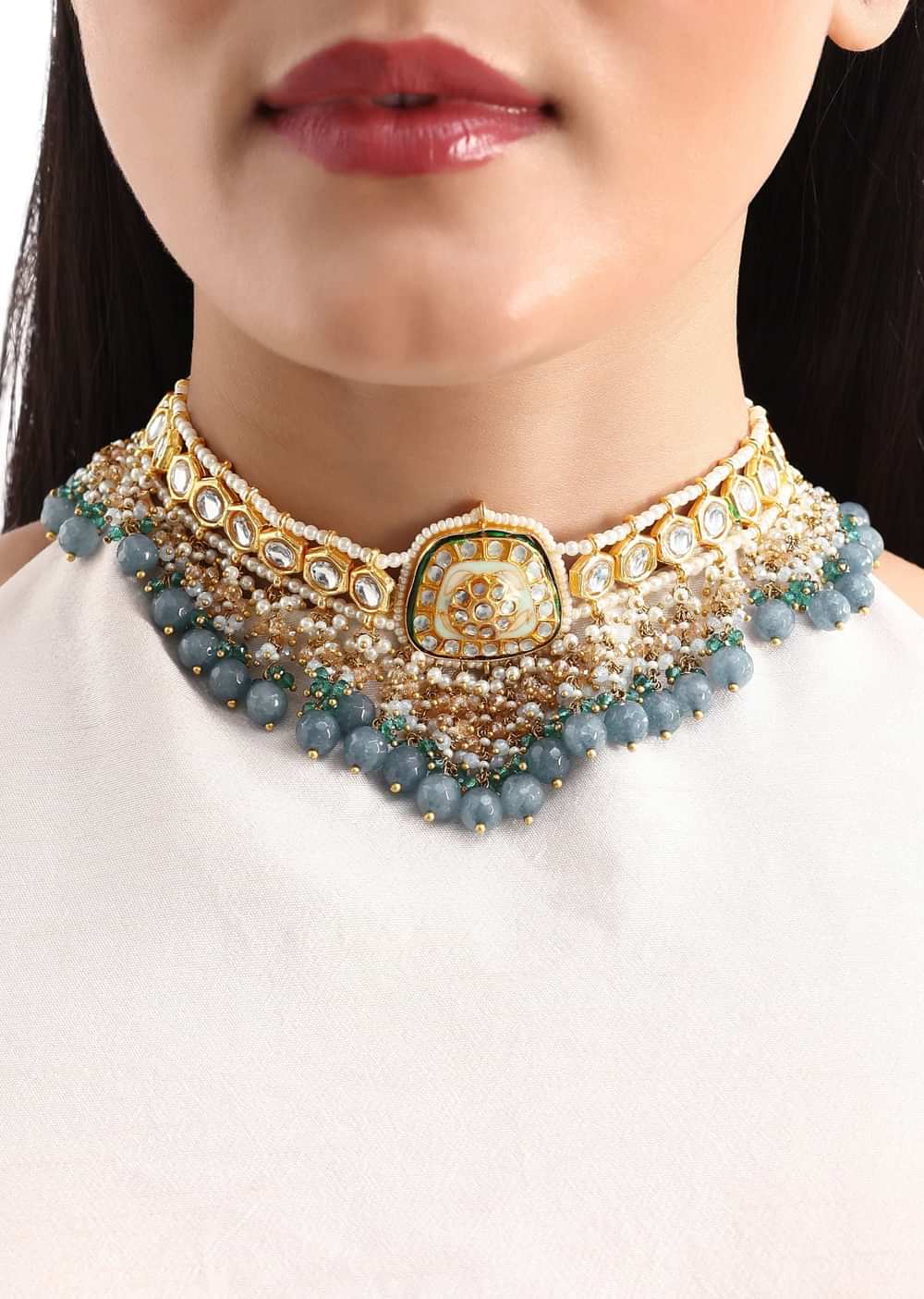 Gold And Blue Kundan Short Necklace Set In Mix Metal