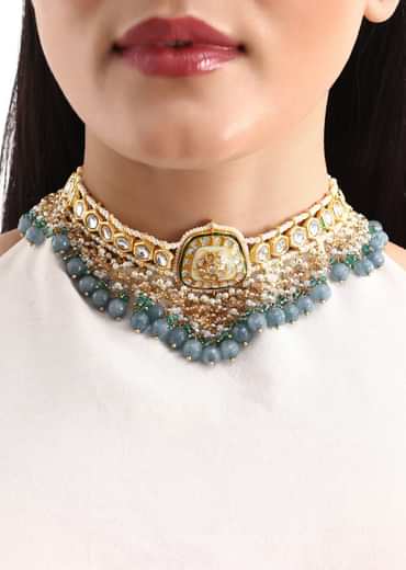 Gold And Blue Kundan Short Necklace Set In Mix Metal