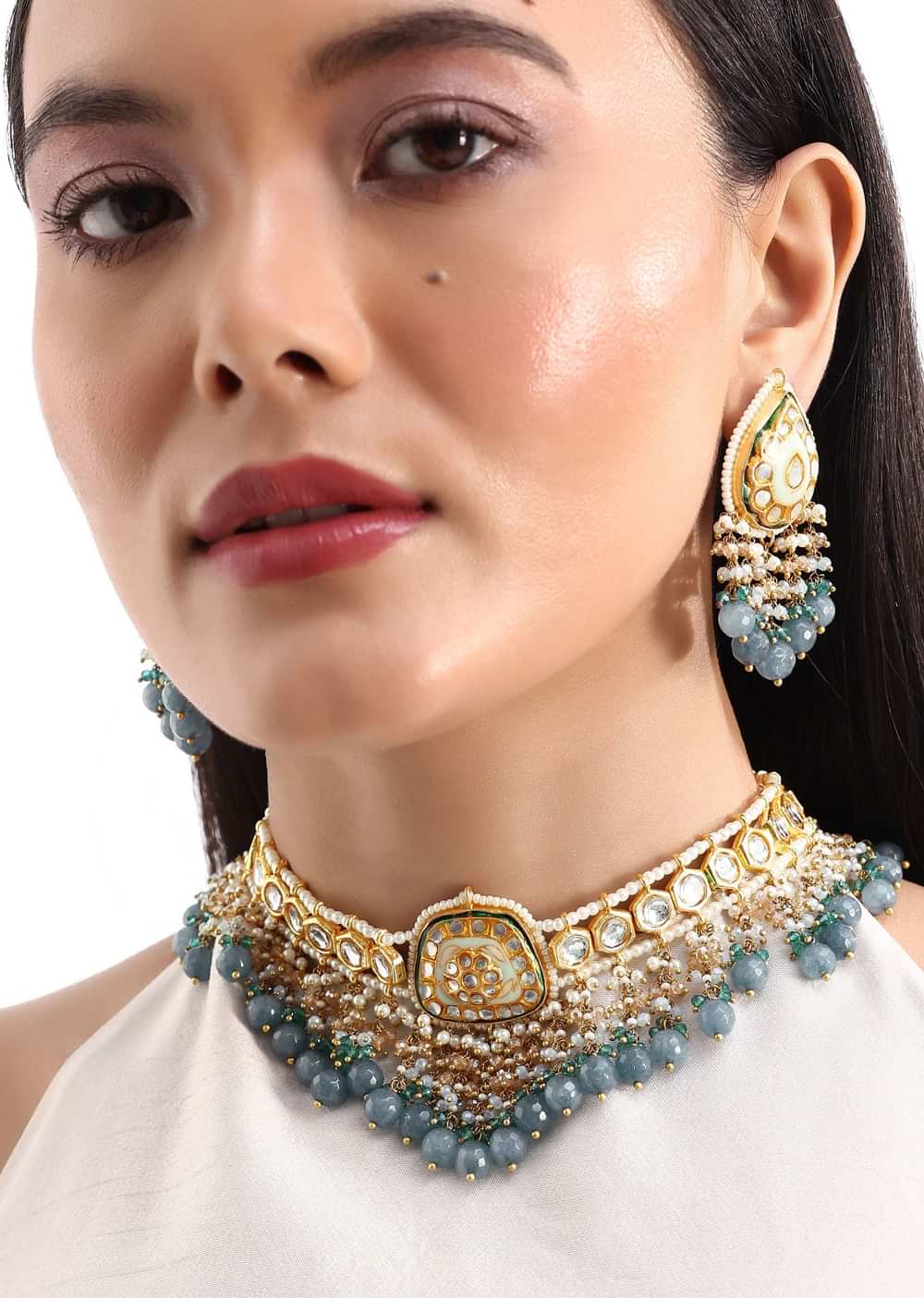 Gold And Blue Kundan Short Necklace Set In Mix Metal