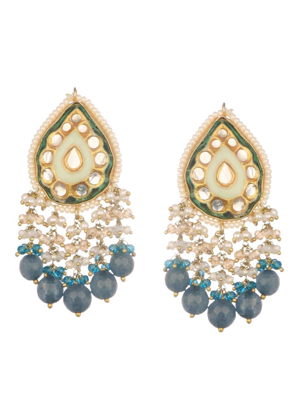 Gold And Blue Kundan Short Necklace Set In Mix Metal
