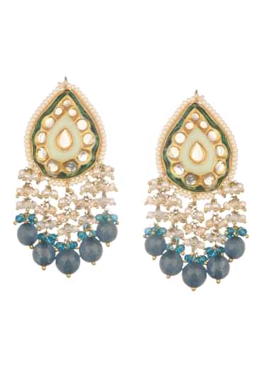 Gold And Blue Kundan Short Necklace Set In Mix Metal