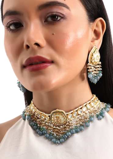 Gold And Blue Kundan Short Necklace Set In Mix Metal