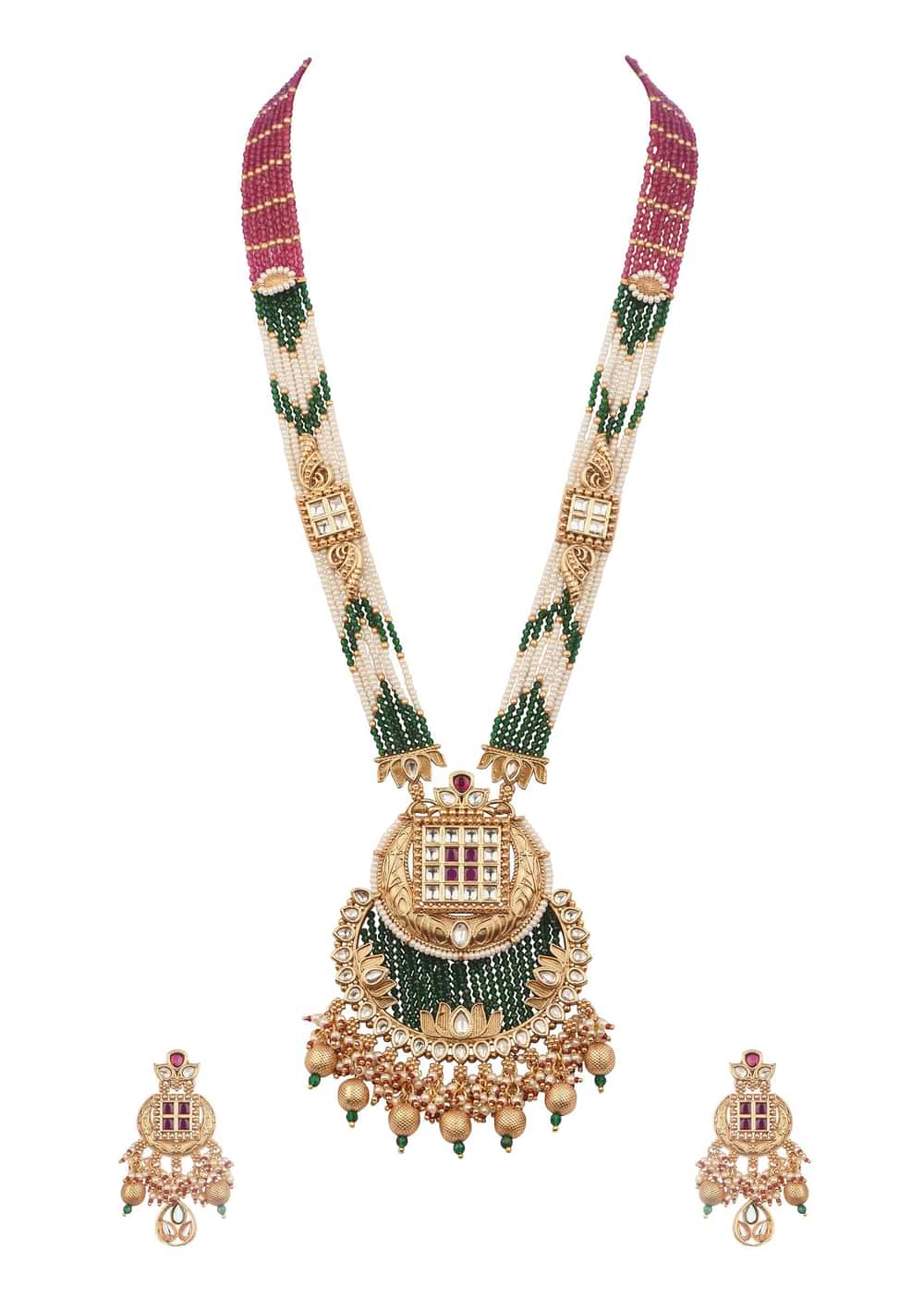 Gold And Green Temple Necklace Set In Mix Metal