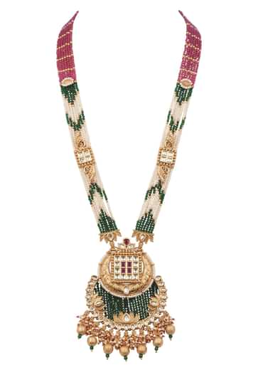 Gold And Green Temple Necklace Set In Mix Metal