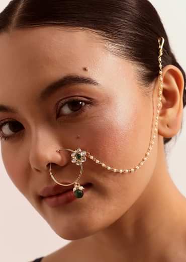Gold And Green Mix Metal Kundan Nose Ring