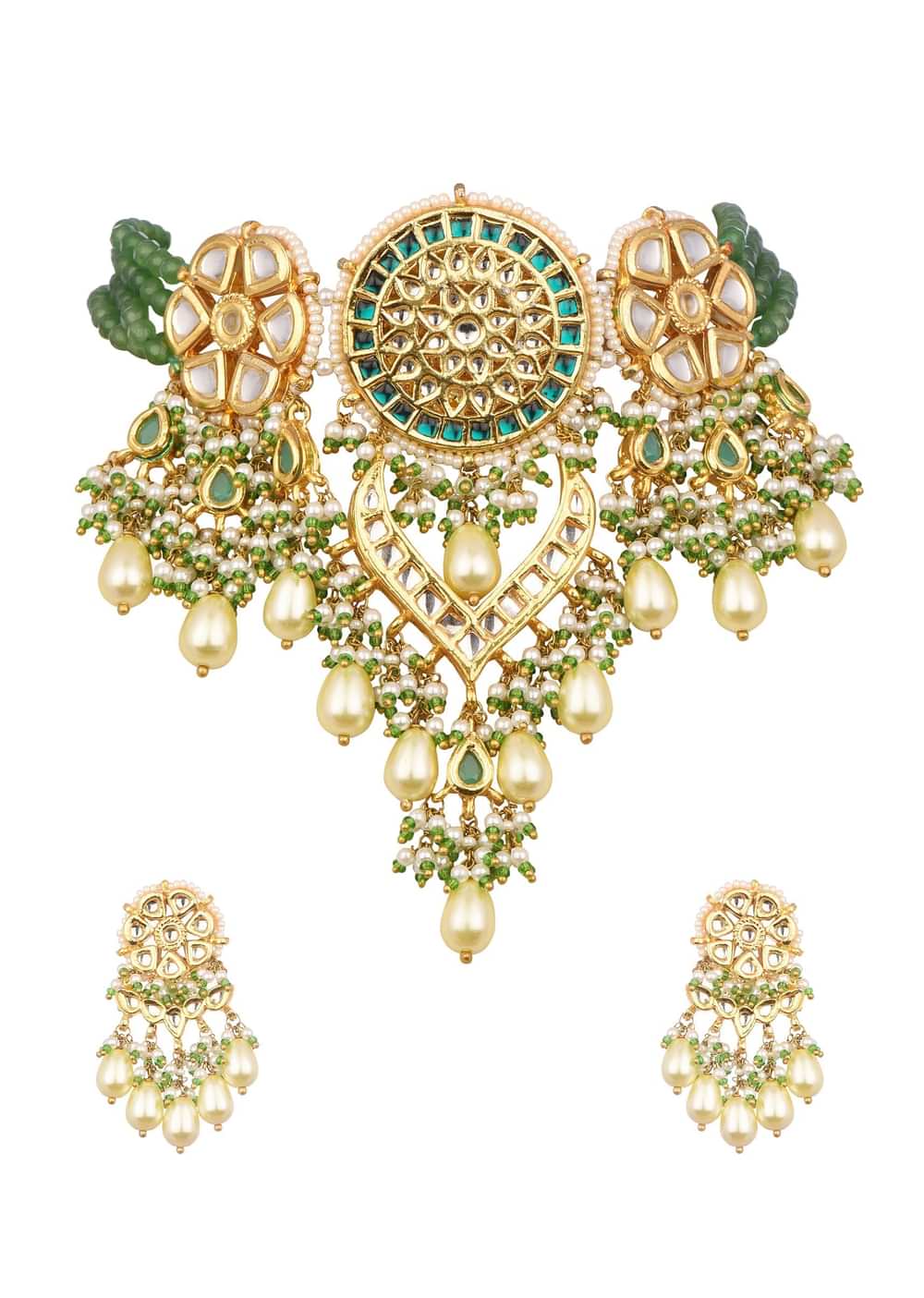 Gold And Green Short Kundan Necklace Set In Mix Metal