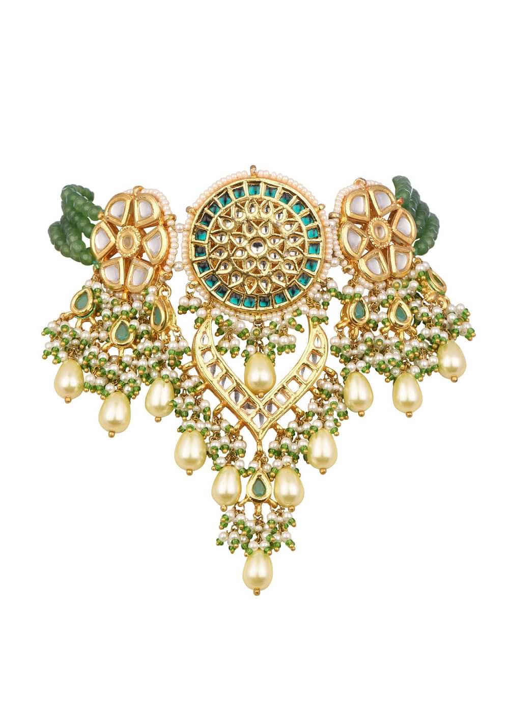 Gold And Green Short Kundan Necklace Set In Mix Metal