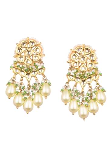 Gold And Green Short Kundan Necklace Set In Mix Metal