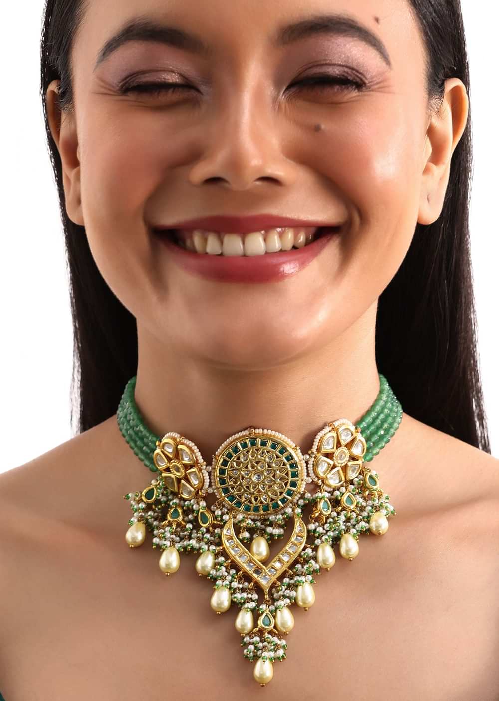 Gold And Green Short Kundan Necklace Set In Mix Metal