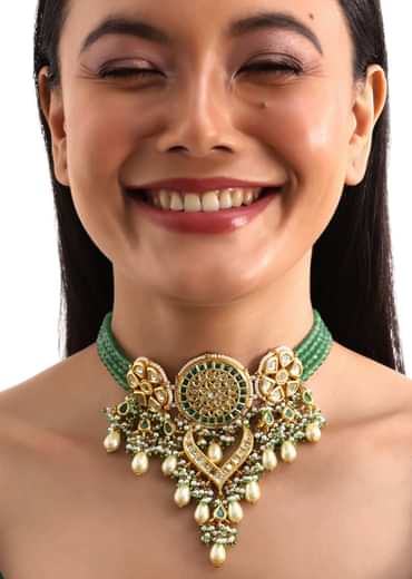 Gold And Green Short Kundan Necklace Set In Mix Metal