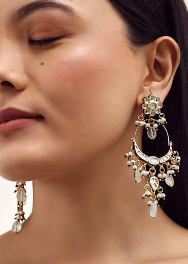 Gold And Light Green Danglers With Kundan Work In Mix Metal
