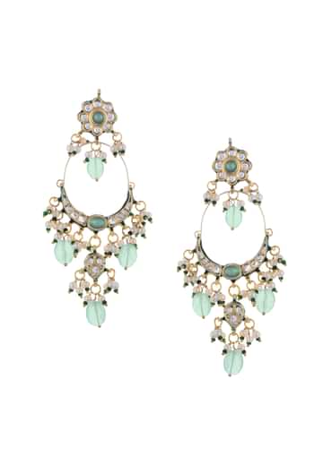 Gold And Light Green Danglers With Kundan Work In Mix Metal