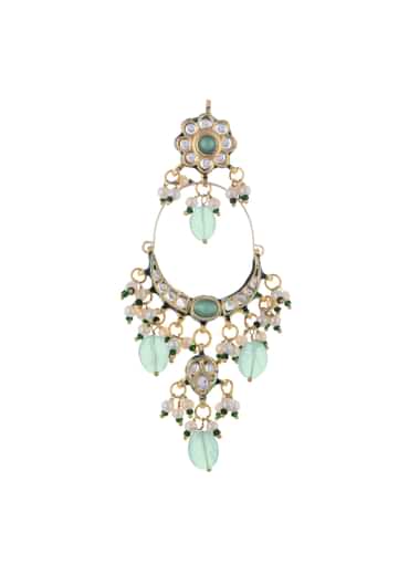 Gold And Light Green Danglers With Kundan Work In Mix Metal