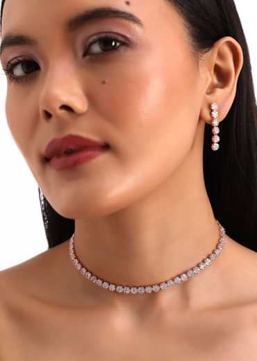 Gold And White Diamond Necklace Set In Mix Metal
