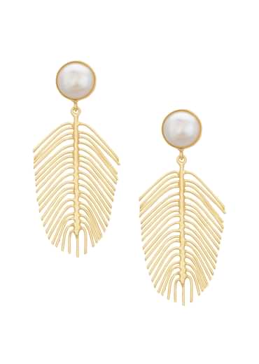 Gold And White Feather Pattern Danglers With Mother Of Pearls