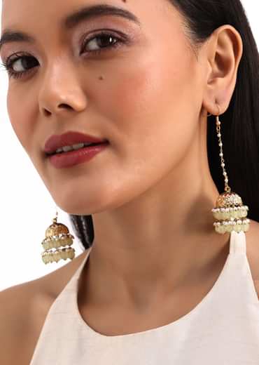Gold And White Kundan Pearl Dangler Earrings In Mix Metal