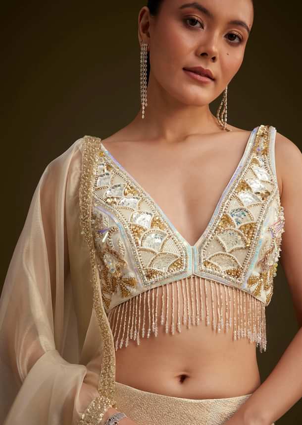 Gold And White Net Embroidered Lehenga Set With Organza Dupatta