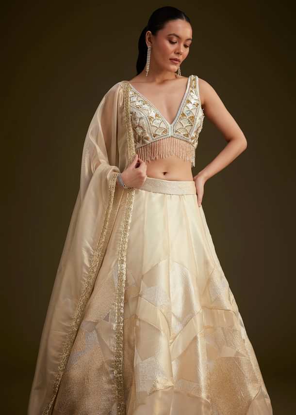 Gold And White Net Embroidered Lehenga Set With Organza Dupatta