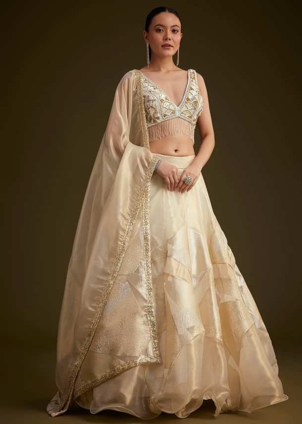 Gold And White Net Embroidered Lehenga Set With Organza Dupatta