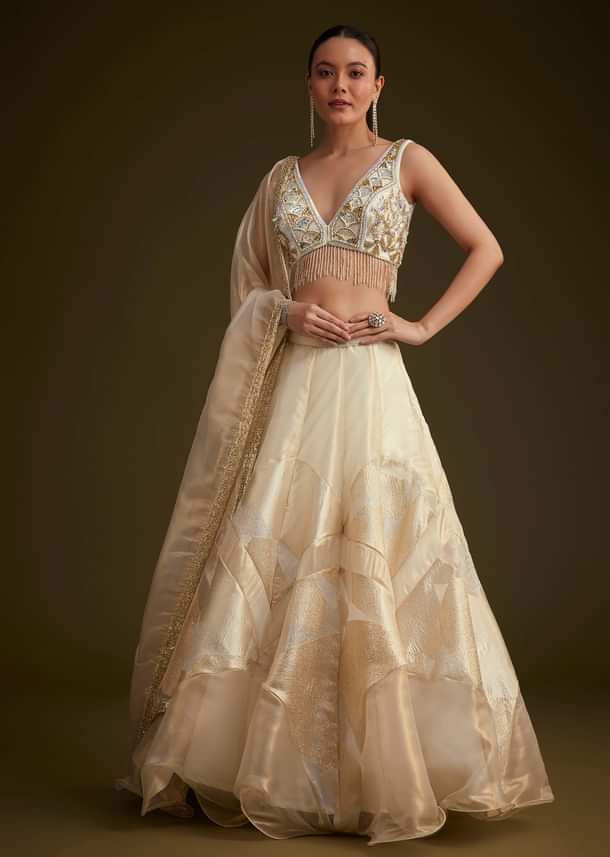 Gold And White Net Embroidered Lehenga Set With Organza Dupatta