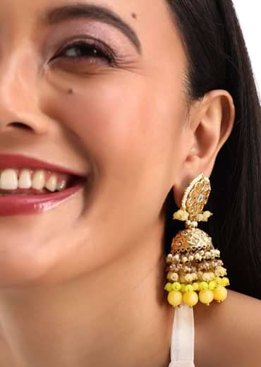 Gold And Yellow Kundan Dangler Earrings In Mix Metal